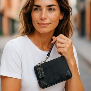 Coach Small Black Wristlet 4" X 6" Leather Trim